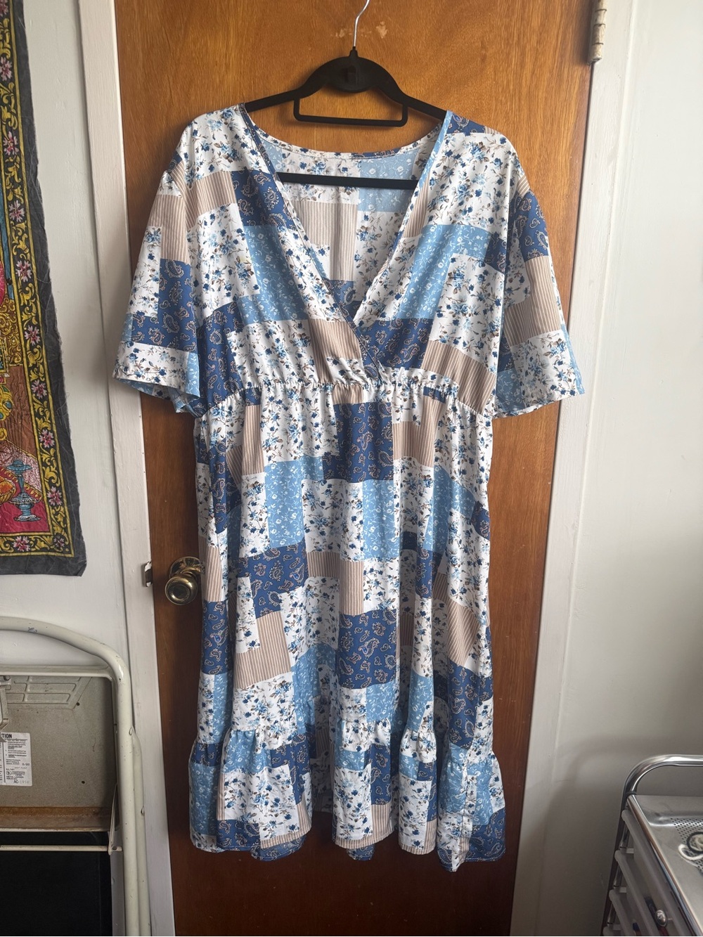 Blue Patchwork Floral V-Neck Women’s Dress